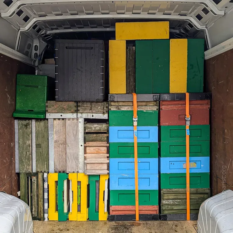 Beekeeping equipment in a van