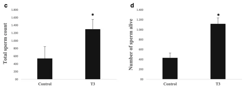 Sperm count (left) and viability in control and JH/sugar (T3) fed queens