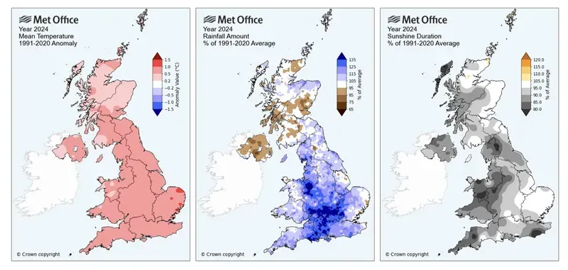 Met Office annual temperature, rainfall and sunshine anomaly maps for 2024