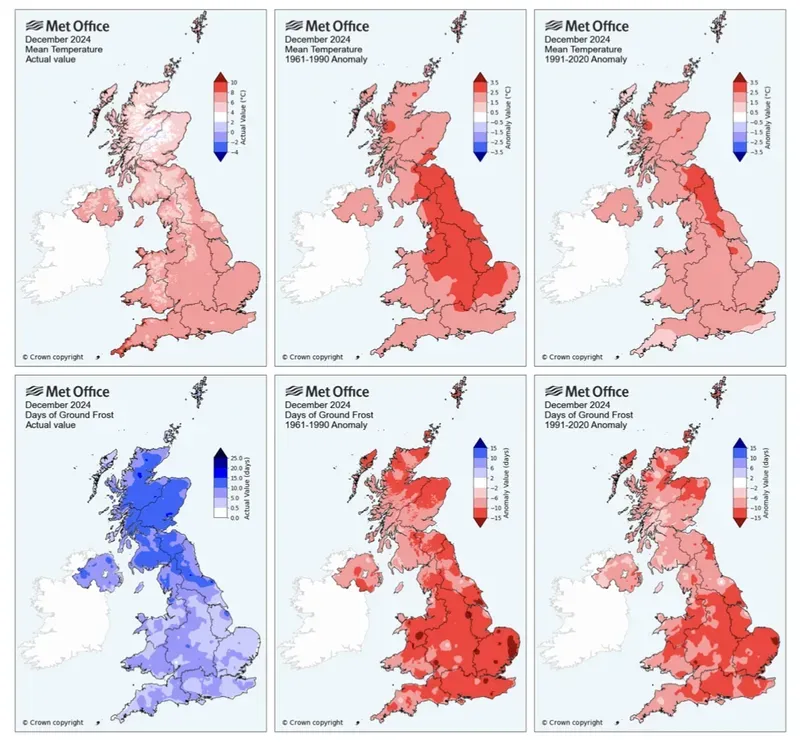 Met Office maps showing temperature and ground frost anomalies in December 2024