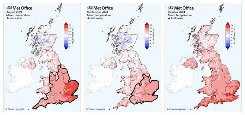 2024 Met Office data of average UK temperatures August to October