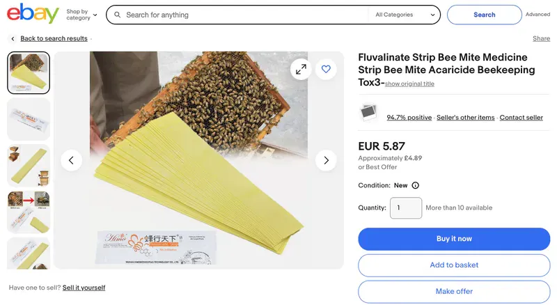 eBay advert for miticide-impregnated strips