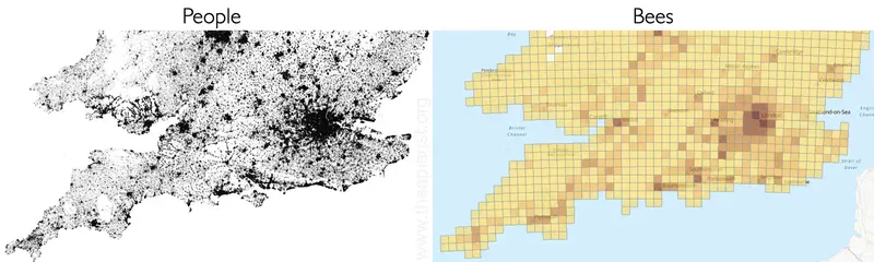 Maps of where people live and where bees are located, showing a broad overlap in their distribution