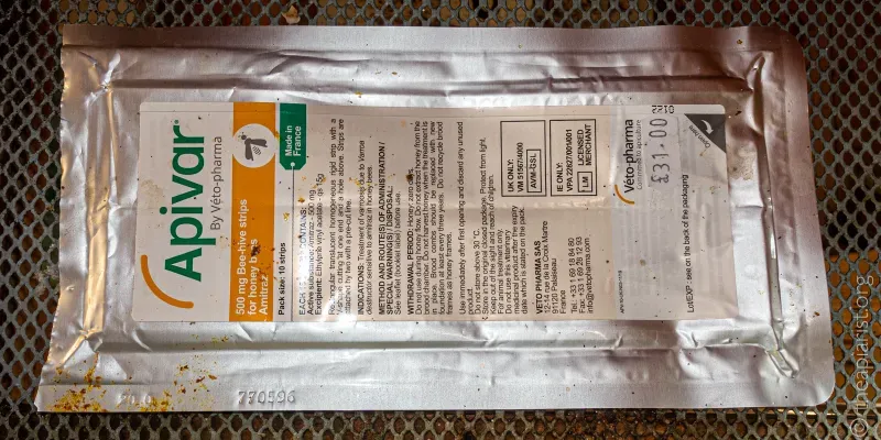 A foil sachet that once contained Apivar miticide strips
