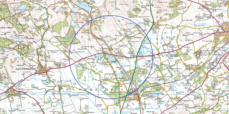 An image of an Ordnance Survey map overlaid with an unfilled blue circle indicating the distance honey bees will fly to collect pollen