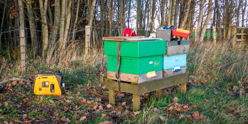 Two bee hives on a wooden stand in front of a barbed wire fence. There is a yellow generator behind the hives, and an open red box standing on top of one of the hives