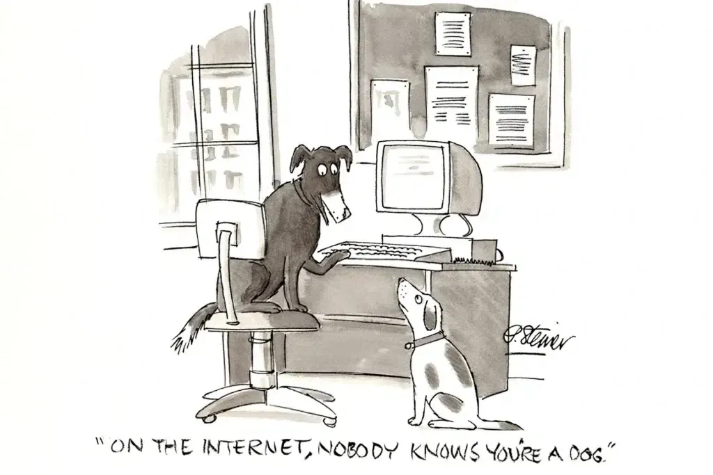 On the internet, nobody knows you're a dog cartoon by Peter Steiner, 1993