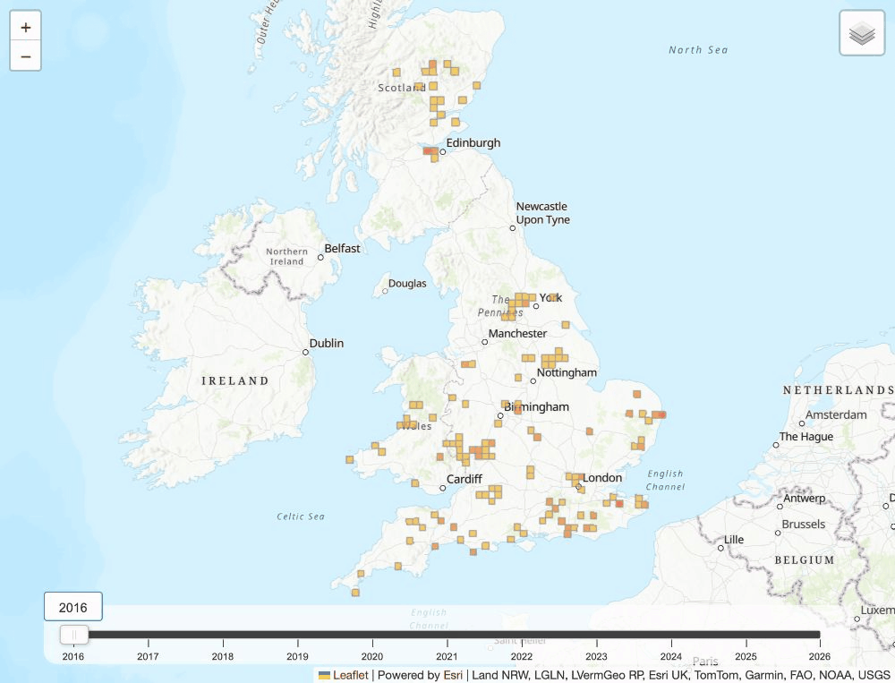 An animated image of EFB-positive hectads (coloured squares) on a map of Great Britain