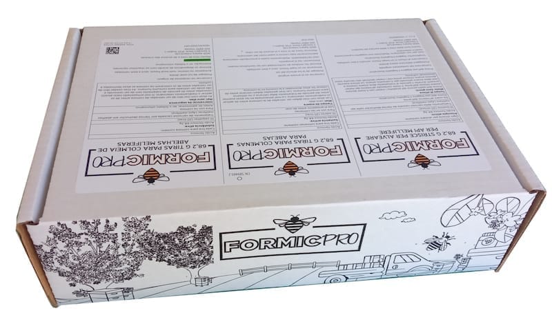 A cardboard box containing FormicPro miticide.